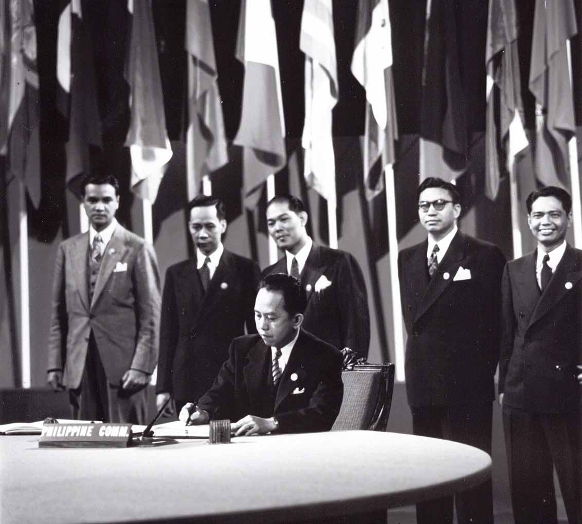 Carlos P. Romulo signs the United Nations Charter