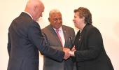 From left-right; United Nations Special Envoy for the Ocean Mr Peter Thomson of Fiji, Fijian Prime Minister Voreqe Bainimarama and delegate from Portugal meet before the meeting.